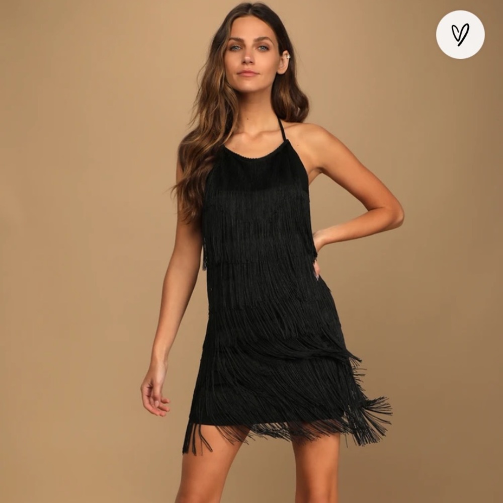 lulu’s roarin’ style black fringe halter bodycon mini dress